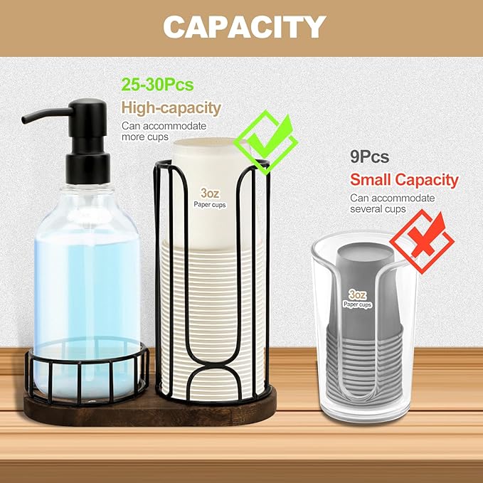 Country-Style Bathroom Cup Holder with 17 oz Reusable Mouthwash Dispenser, 2-Compartment 3oz Disposable Mouthwash Cup Storage Rack, Iron Bathroom Accessories