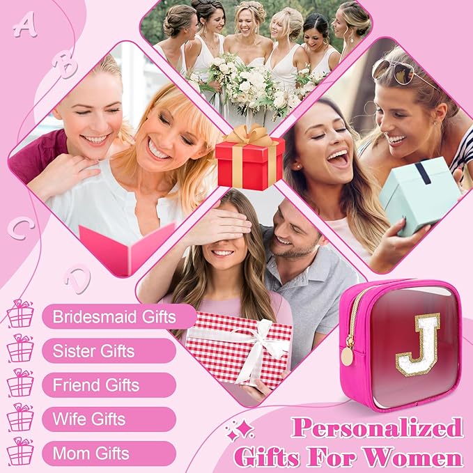 Personalized Initial Letter Clear Preppy Makeup Bag,Mini Nylon Chenille Letter Cosmetic Bag Cute Zipper Pouch Coin Purse for Teen Girls,Portable TSA Approved Travel Essentials Bag Gift for Women,J