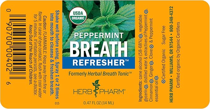 Herb Pharm Breath Refresher Certified Organic Herbal Fresh Breath Spray, Peppermint
