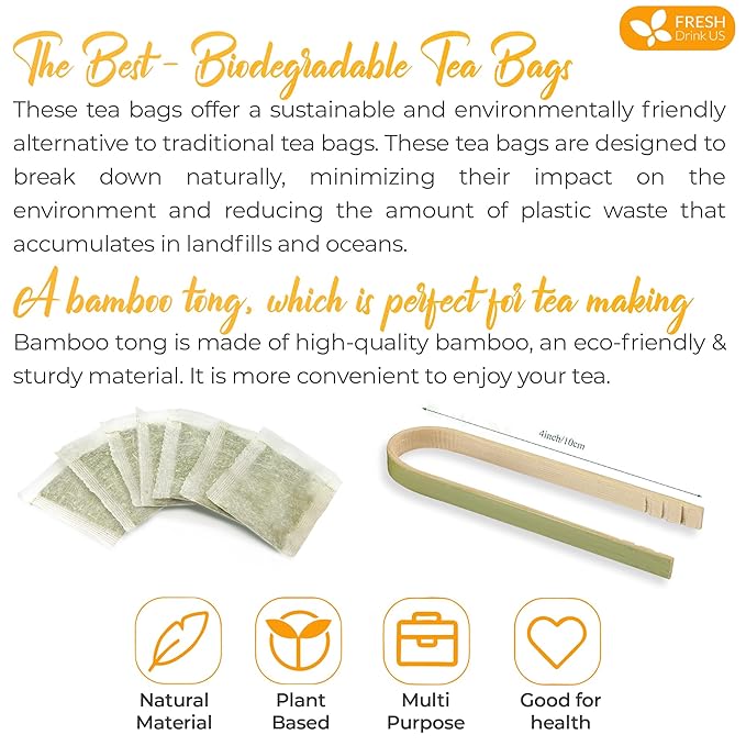 FreshDrinkUS, Premium 55 Tulsi Lemon Ginger Tea Bags, 100% Natural & Pure from Tulsi Holy Basil Leaves, Lemon and Ginger. Made with Natural Material Tea Bags. No Sugar, No Caffeine, Vegan.