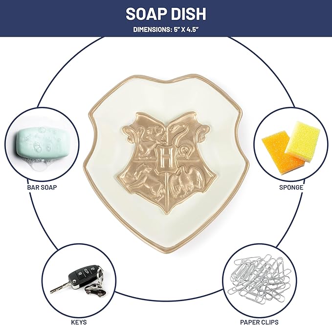 Jay Franco Harry Potter Bathroom Accessories - 2 Piece Gold Hogwarts Crest Resin Bathroom Décor and Storage Set Includes Toothbrush Holder and Soap Dish Set