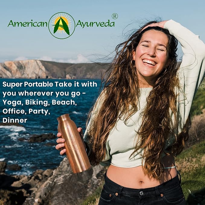 A American Ayurveda 100% Pure Copper Water Bottle Jointfree, Leakproof, Tumbler, Flask, Yoga, Natural Ayurveda Health Benefits, Copper Charged Alkaline Water 900ml (30 Oz) Capacity