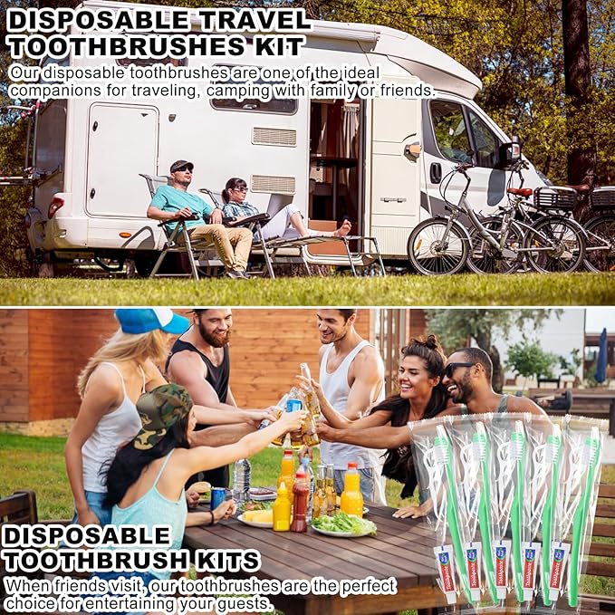 Disposable Toothbrushes with Toothpaste and Floss,50Pcs Green Single Use Individually Wrapped Disposable Travel Toothbrushes and Dental Floss Kit Bulk for Homeless,Airbnb,Hotel,Dentist