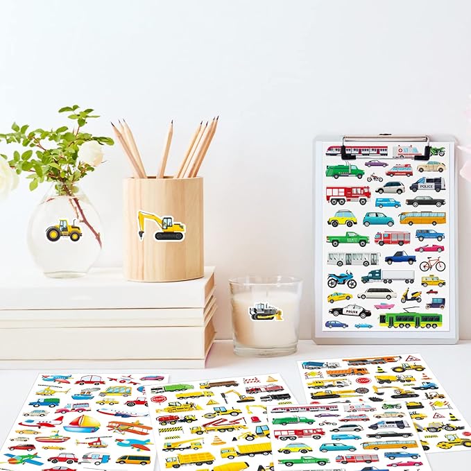Construction Cars and Trucks Stickers 665 Counts Transportation Waterproof Car Adhesive Sticker Birthday Invitations Envelops Decorations Party Goodie Gifts Bags School Game Class Rewards