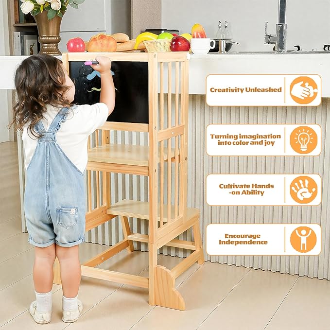 Toddler Tower, Kids Kitchen Step Stool with Safety Rails, Toddler Standing Tower Adjustable Height, Wooden Kitchen Stool for Kids, for Living Room Countertops and Bathroom Sinks(Natural)