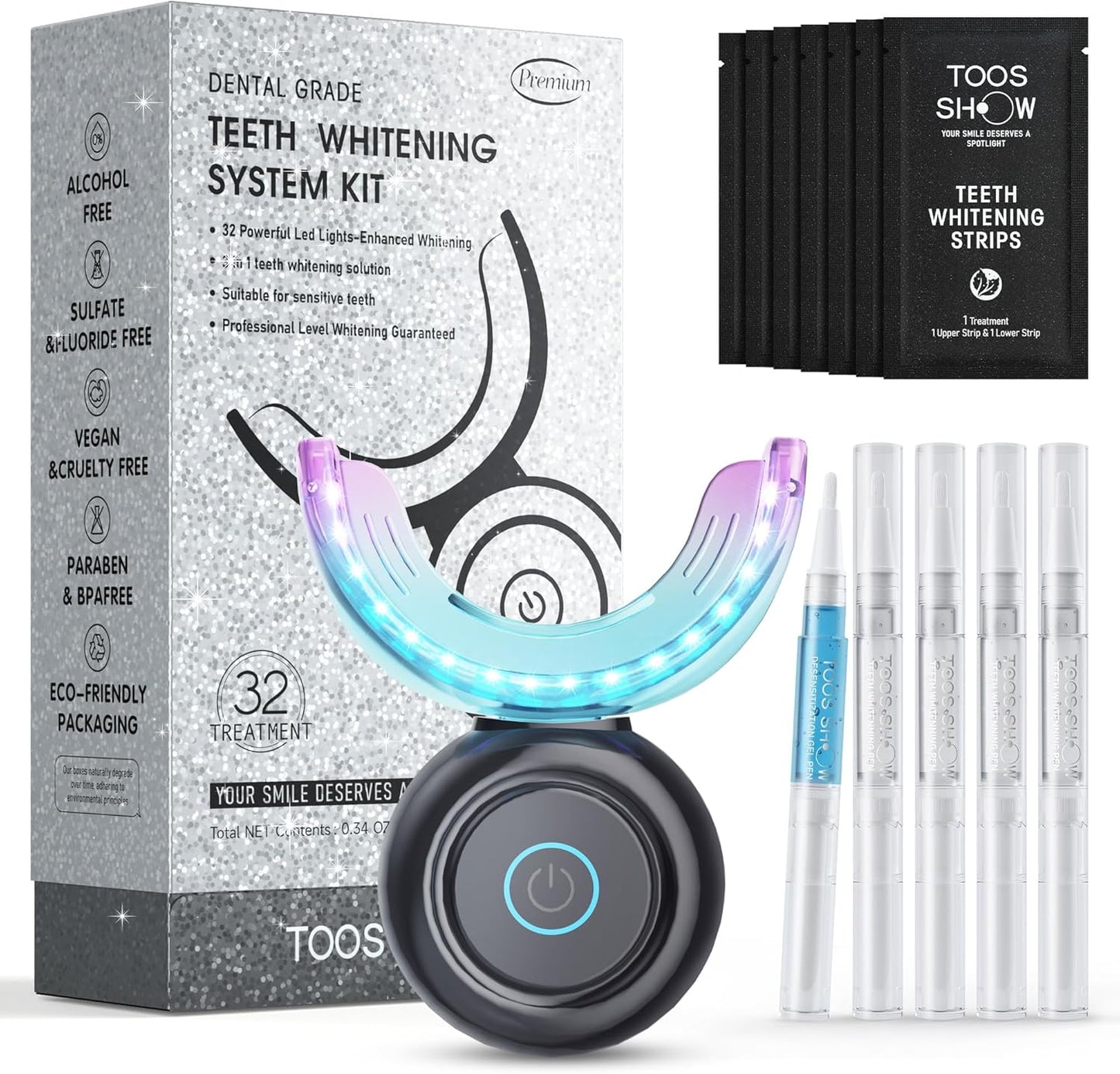 Teeth Whitening Kit for Sensitive Teeth,with 32X Waterproof LED Accelerator Light&4 Carbamide Peroxide Pen&14 Pcs Teeth Whitening Strips&1 Remineralization Pen,Tooth Whitener Professional Oral Care