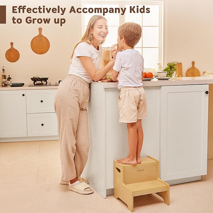 Step Stool for Kids, Wooden Toddler Step Stool with Non-Slip Mats for Bathroom Sink and Kitchen, Potty Training Stool with Handles for Toilet