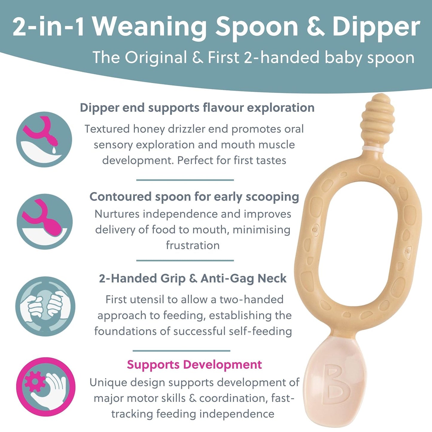 Bibado - Dippit Baby Spoon and Dipper, Fawn (2-Pack) - Soft, Chewable Dipper & Deep Spoon - Two-Hand, Sensory Grip - Toddler Utensils - Baby Led Weaning Supplies - Baby Essentials - 6 Months+
