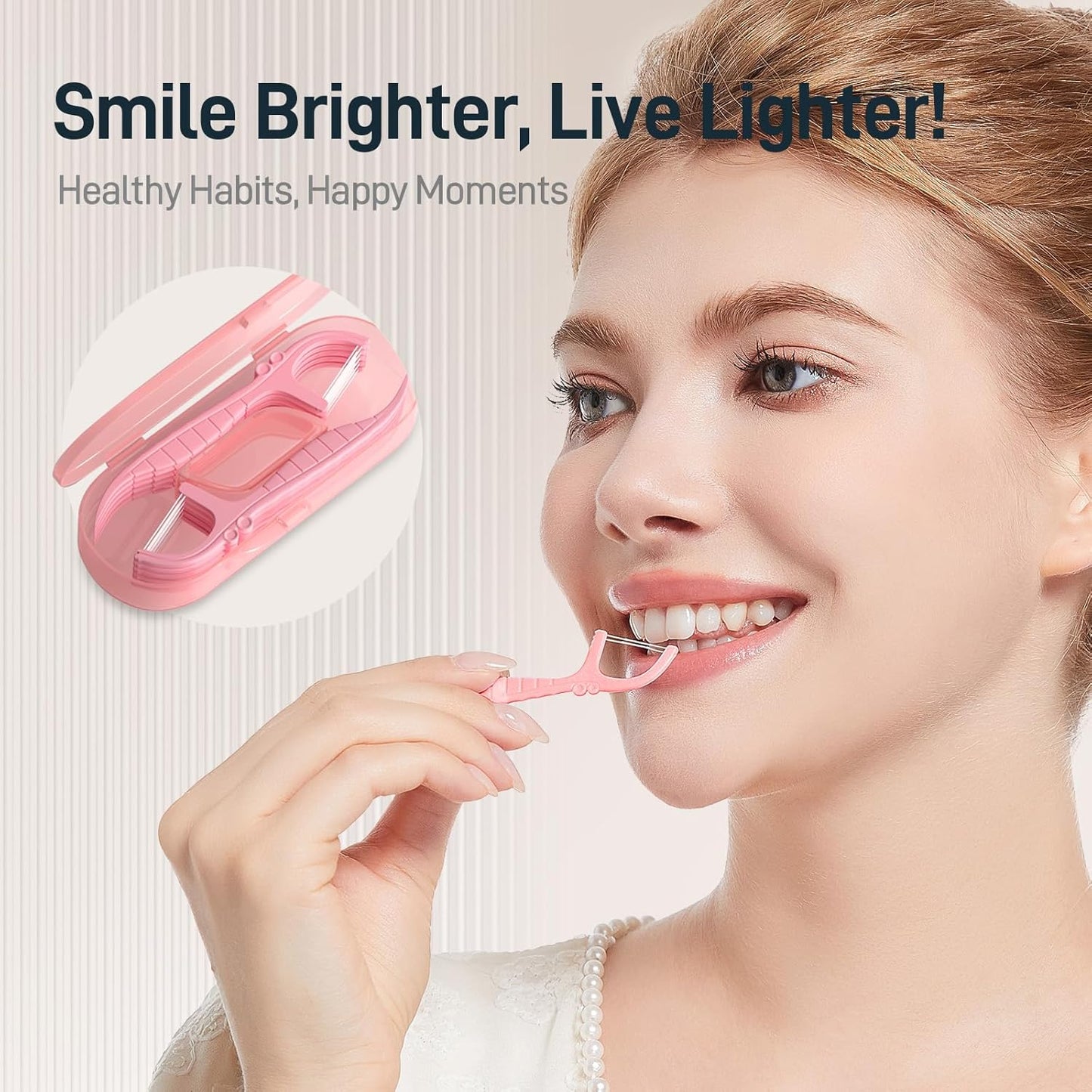 Holy Rose Pink Dental Floss Picks with Micro Travel Case - 5-Box Pack (10 Double String Flossers Each) - Easy Teeth Clean for Adults, Perfect for Home and On-The-Go Flossing