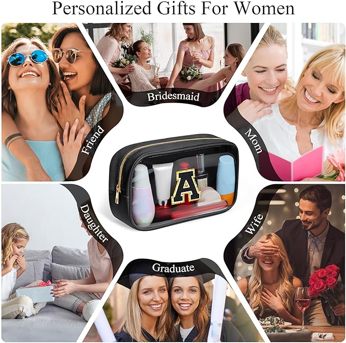 YOOLIFE Initial Travel Essentials Makeup Bag, Skin Care Clear Toiletry Bag Pouch Cosmetic Bag Case Large Makeup Bag Personalized Birthday Gifts for Women Birthday Gifts for Her Wife Black J