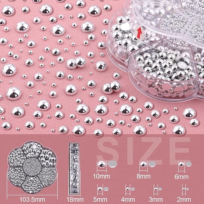 Nail Art Flat Back Half Round Pearl Kits, Mixed Sizes 6000 Pcs with B7000 Jewelry Glue Silver Small Pearls for Nails with Picking Tools for Graduation Cap Decorations Home DIY Body Face Craft Use