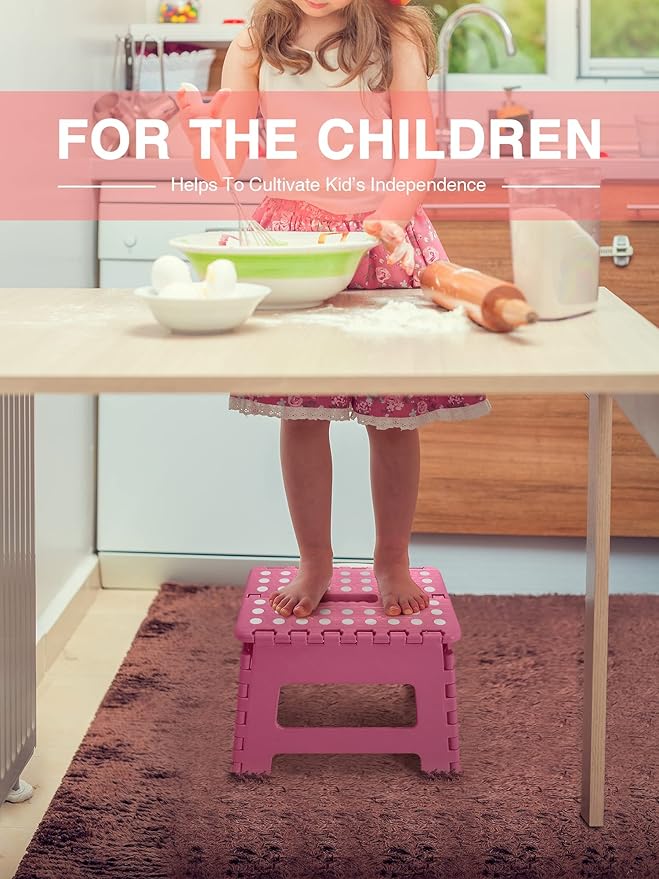 Dyforce Folding Step Stool 9 Inch, Kids Step Stool, Heavy Duty Step Stools for Adults, Compact Foot Stools, Light-Weight Toddler Step Stools for Kitchen, Bathroom, Holds Up to 300 lbs (Pink)