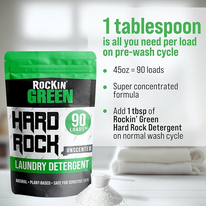 Rockin' Green Hard Rock Laundry Detergent for Hard Water (90 Loads), Plant based, Natural Laundry Detergent Powder, Biodegradable Odor Fighter, Safe for Sensitive Skin, 45 oz (Unscented)