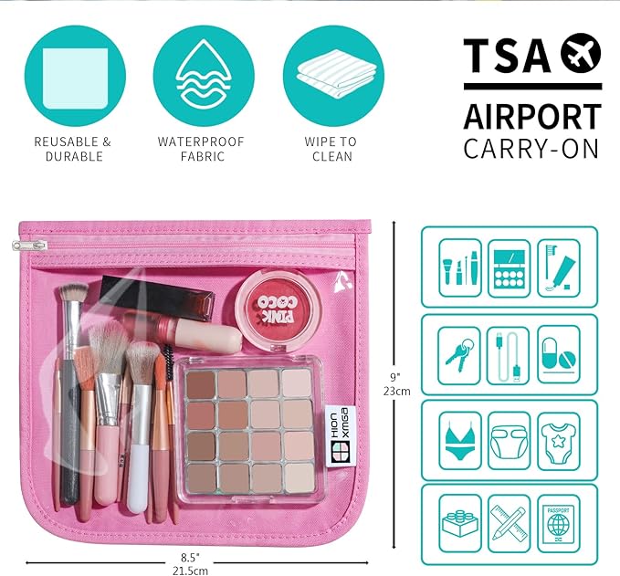 TSA Approved Toiletry Bag, Set of 3 Clear Travel Toiletry Bag Quart Size Zipper Travel Pouch, Waterproof Makeup Cosmetic Bag for Women Men Kids Toiletries Carry on, Pink Large