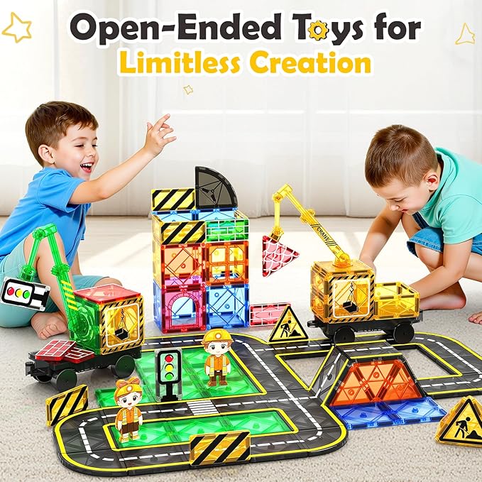 Coodoo 100 PCS Magnetic Tiles Road Set with 3 Cranes & 2 Cars - Magnetic Blocks City Construction Building Toys for 3+ Year Old Boys Girls Ideal Preschool Learning Outdoor Creative Toddler Kids Toys