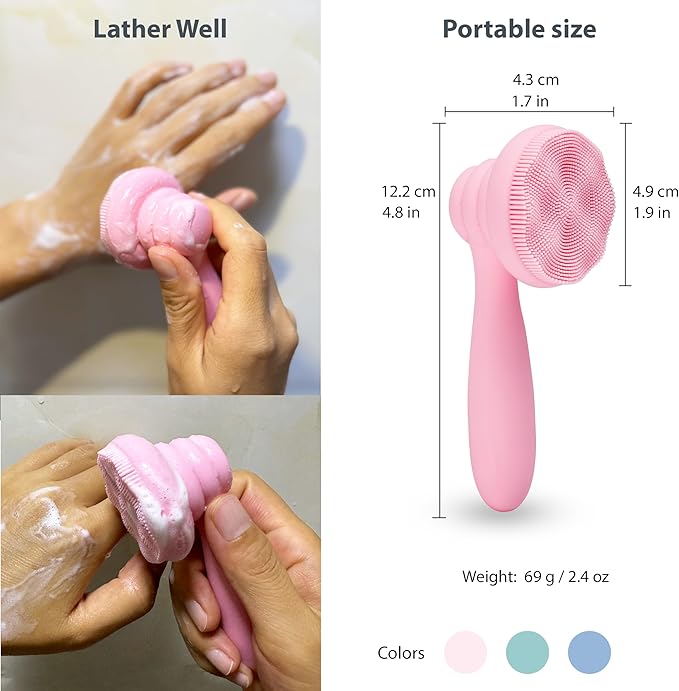 2 PC Silicone Facial Cleansing Brush Facial Scrubber Manual Exfoliating Facial Brush Face Cleanser Face Exfoliator Ultrafine Bristles for Sensitive Skin Easy to Clean Lather Well(Pink&Green)