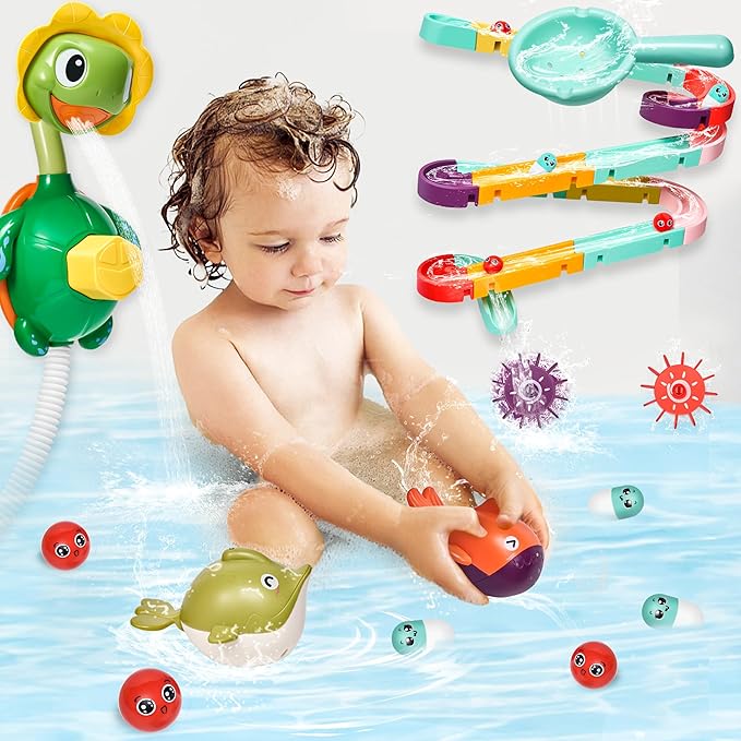 Bath Toys,Bathtub Toy with Shower,Fishing Game for Toddlers, Suction Cup Bath Toys, Bathtub Toys Ball Slide Track for Toddles and Babies, Christmas Birthday Gift for Boys Girls