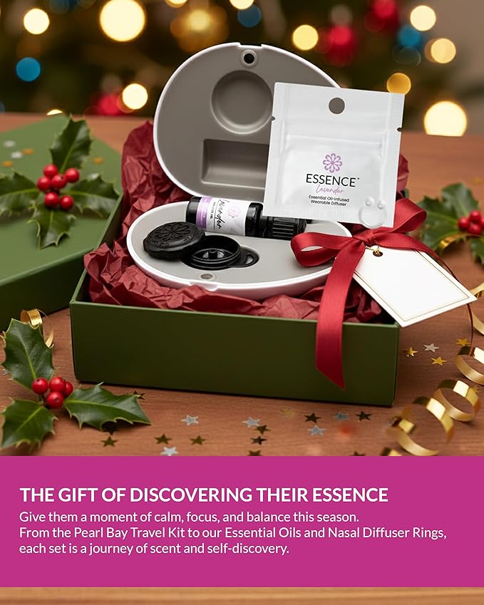 Essence Pearl Travel Case - Wearable Aromatherapy Kit with Nasal Diffuser Rings, Soaking Bay, and 5mL Essential Oil – Portable Wellness Gift Set for On-The-Go Self Care