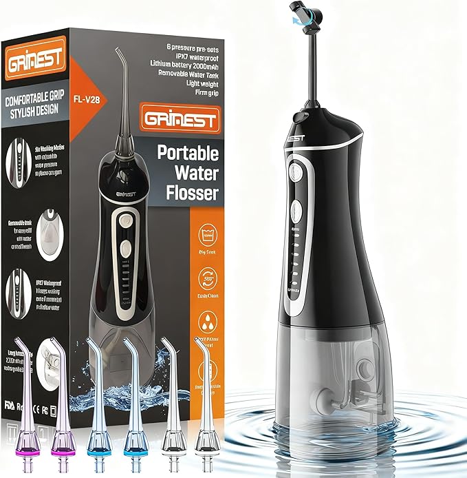 Water Flosser,Water Dental Flosser Pick for Teeth,Grinest 7 Modes Rechargeable Cordless Oral Irrigator Portable IPX7 Waterproof Tooth flossers for Home Travel-Black