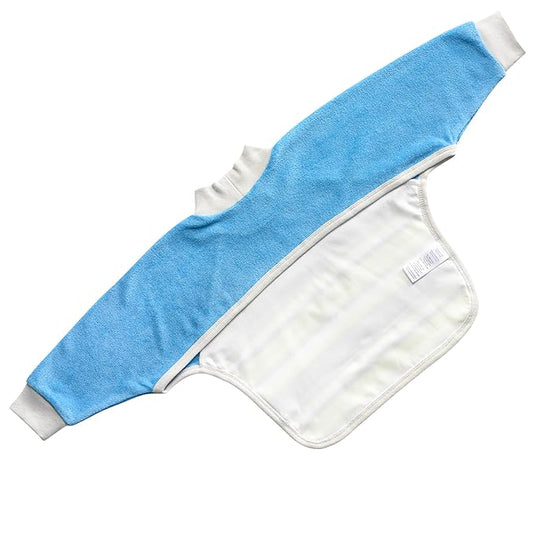 Kiddologic Bibit-all Baby Feeding Bib, Long Sleeves with Ribbed Cuffs and High Collar, Stretchy Pullover Smock, Soft Absorbent Terry, Waterproof Lining, Toddler Boy 12-36 Months, Sky Blue Stripe