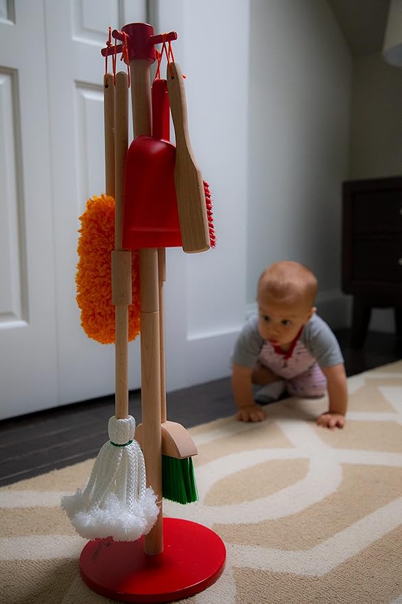 JustForKids Wooden Detachable Kids Cleaning Set - Duster, Brush, Mop, Broom and Hanging Stand Play - Housekeeping Kit - STEM Toys for Toddlers Girls & Boys, Total 6 Pieces,Multi Color,10071