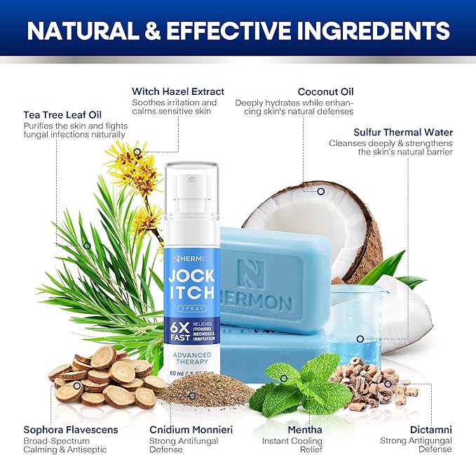 Hermon Antifungal Jock Itch Spray & Soap Kit: Powerful Treatment of Antifungal Spray & Soap for Jock Itch with 2.01 fl.oz & 2 Bars - Fast & Effective Relief of Itching, Burning, Redness, & Irriation