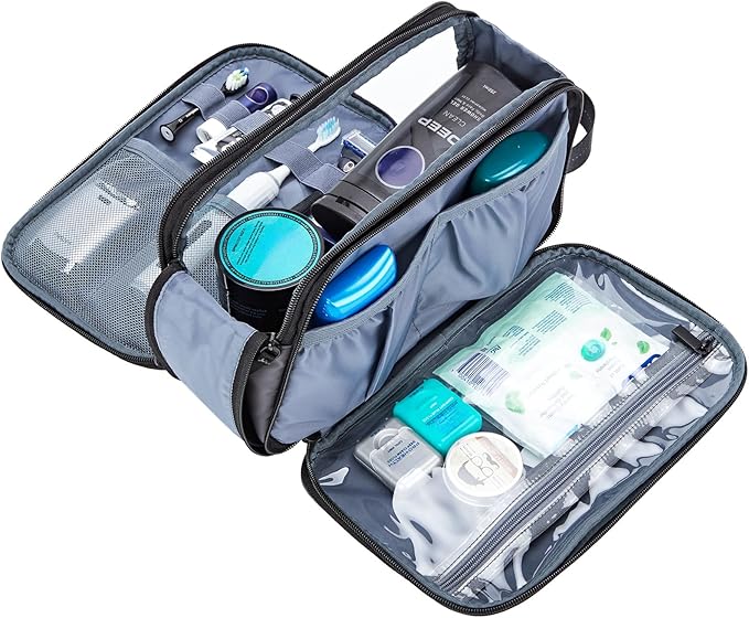ZEEMO Travel Toiletry Bag for Men, Medium Water-Resistant Double-Sided Full-Open Dopp Kit, Versatile Organizer for Shower and Hygiene Accessories, Bathroom Essentials, Cosmetics, Grey