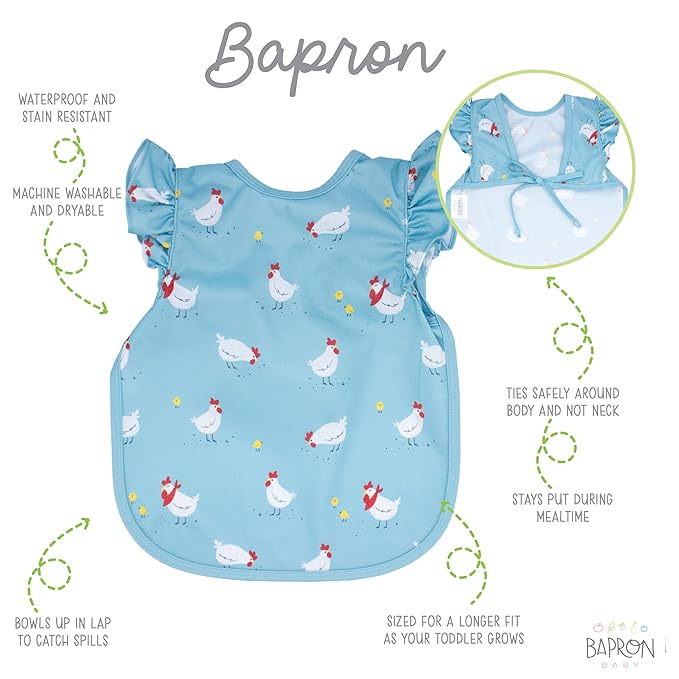 BapronBaby Flutter Little Chickies Bapron - No Neck Tie Safer Bib for Baby & Toddler - Soft Waterproof Stain Resistant - Machine Washable - Sz Preschool 3-5yrs