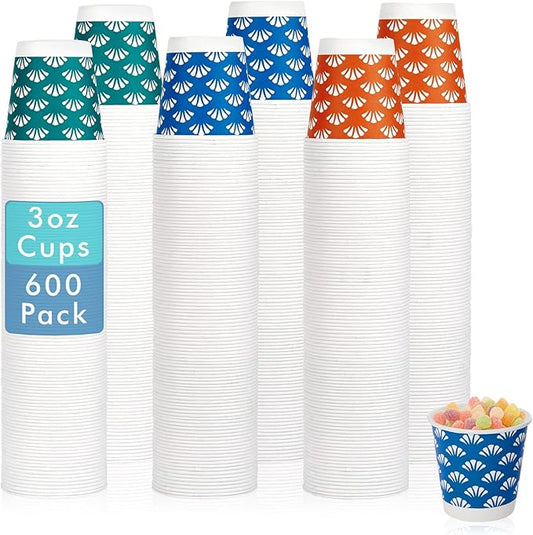 JollyPack 600 Pack 3 oz Disposable Bathroom Paper Cups, Small Mouthwash Cups in Orange, Blue, and Green, Great for Candy, Biscuits, Bathroom Use, Parties, Picnics, and Travel