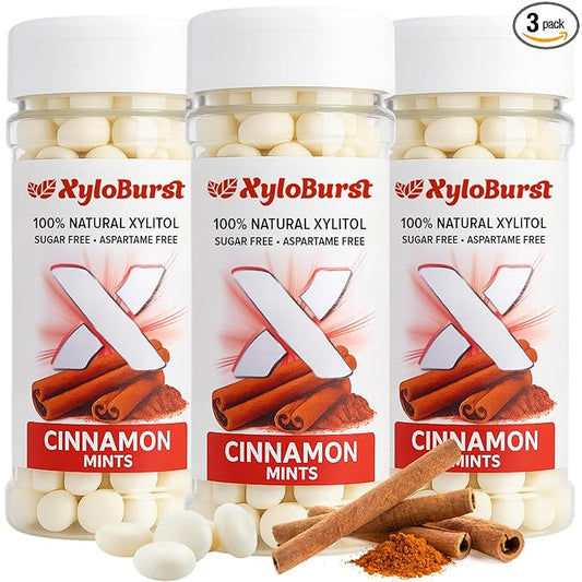 XyloBurst - Xylitol Mints | Sugar Free Breath Mints for Oral Health | Gluten Free, Vegan, Keto Friendly | Aspartame Free Mint | Cinnamon | 200 Count Jar, 3-Pack