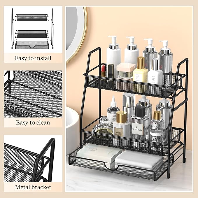 2-Tier Bathroom Counter Organizer with Drawer, Bathroom and Makeup Organizer Countertop, Easy to Install, Ideal for Bathroom organizer, Vanity, Large Skincare, Perfume, Present, and More,Black