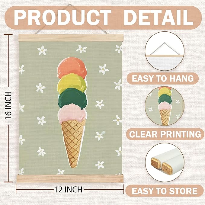 FDHSPAAM Ice Cream Nursery Wall Art Decor, Kids Room Decor, Cute Ice Cream Cone Sweet Treat Neutral Wall Art Posters for Kids Bedroom Cafe Kitchen, 12x16 Inch