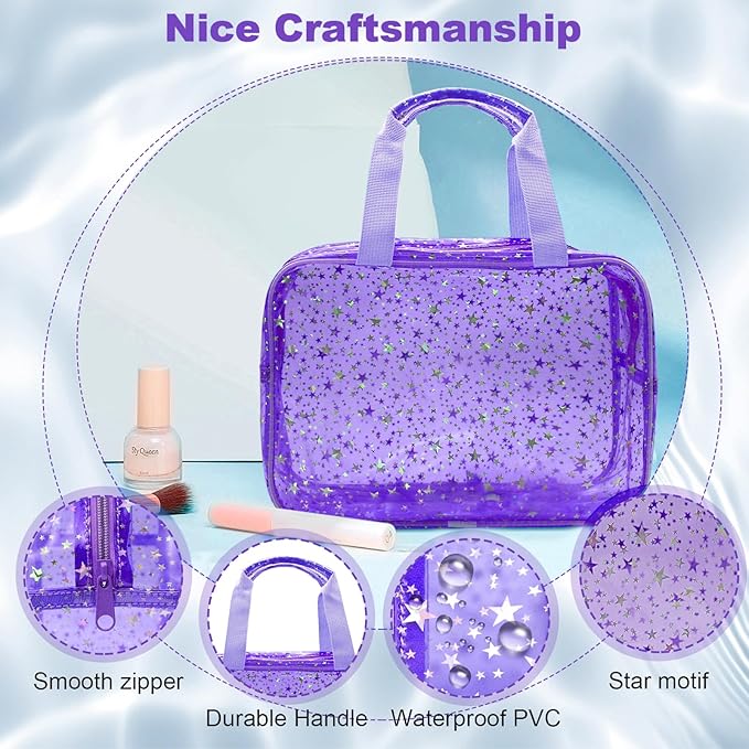 Clear Purple Star Large Makeup Bag with Star Pattern 12x5x8 inch, Travel Cosmetic Bag with Handle, Durable PVC Material Washbag Zipper Opening Design for Makeup Travel Organizer or Gym Use