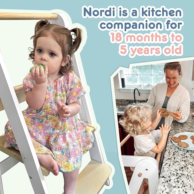 HARPPA Nordi Foldable Toddler Kitchen Tower, Montessori Kitchen Stools Helper, Standing Tower with 3 Adjustable Heights, Suitable Age for 2-6 Years, White