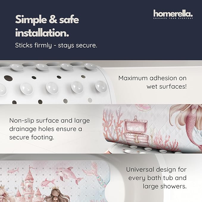 Bath Tub Mat Non Slip Anti Mold for Kids BPA Free INCL Hooks - homerella® Ocean Sea Animals 40x16, Baby Bath Mat Non Slip 200 Suction Cups, Non Toxic Machine Washable Toddler Bath Mat, EU Certified