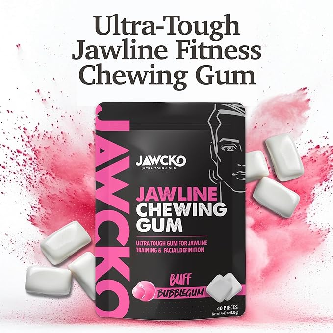 JAWCKO Ultra-Tough Jawline Chewing Gum | Get a Stronger, Squarer Jawline | Bubblegum Jaw Training Hard Gum | 15X Strength | Chisel, Sculpt, Tone your Jaw | Facial Fitness Mewing Gum | 40 Pieces/Pack