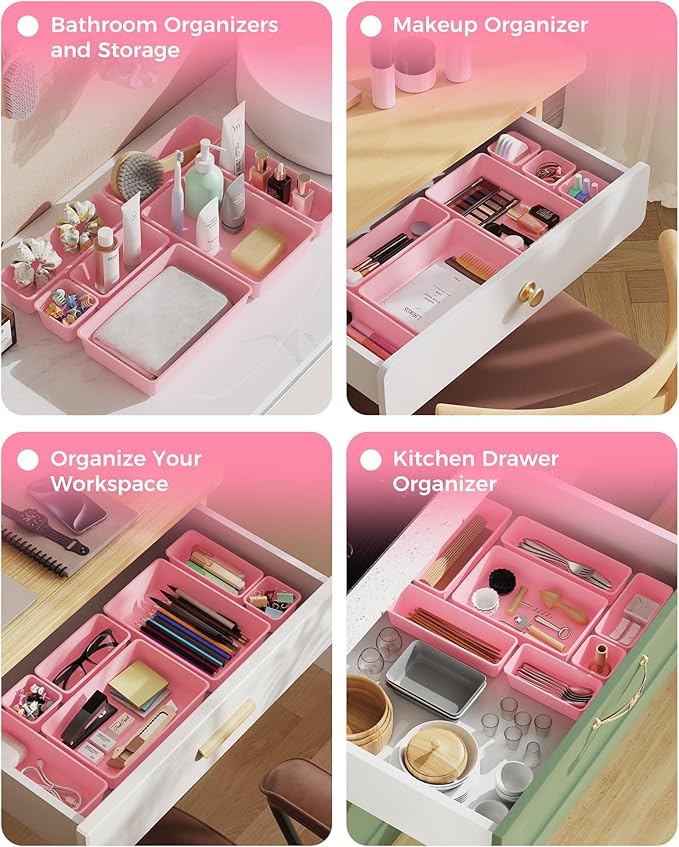 25 PCS Plastic Drawer Organizers Set, 4-Sizes Vanity and Makeup Organizer, Desk and bathroom Drawer Organizer Trays, Organizers and Storage for Makeup, Jewelry, Gadgets, Utensils (Pink)