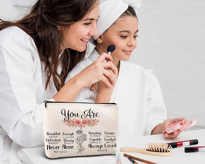 kdqua Christian You are Enough Makeup Bag, Feminist Gift Inspirational Bible Verse Linen Cosmetic Bag Zipper Pouch Travel Organizer Toiletry Bag, Religious Gifts Idea for Women Mom Coworker Friends