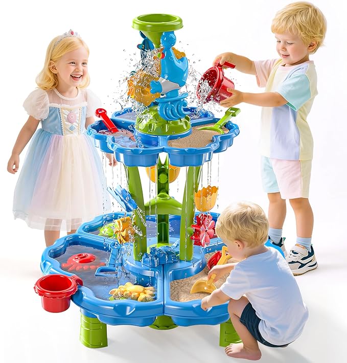 Water Table for Toddlers 1-3 & Kids 3-5 Outdoor Splash Pond & Sand Play Set with 3-Tier Water Table Rain Showers & Sensory Playset Activities – Summer Toys Birthday Gift for 3 4 5 6+ Years Old