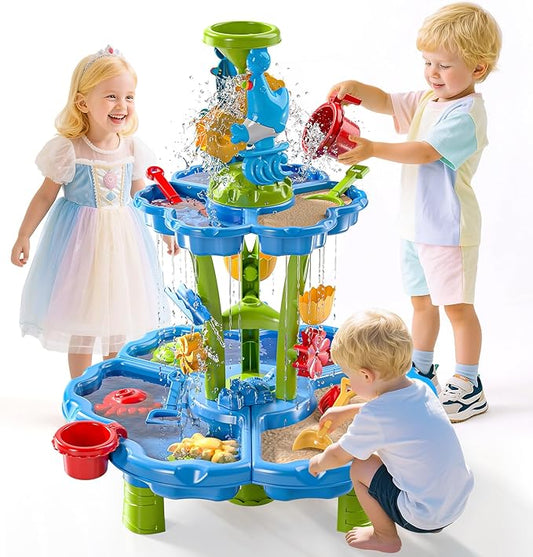 Water Table for Toddlers 1-3 & Kids 3-5 Outdoor Splash Pond & Sand Play Set with 3-Tier Water Table Rain Showers & Sensory Playset Activities – Summer Toys Birthday Gift for 3 4 5 6+ Years Old