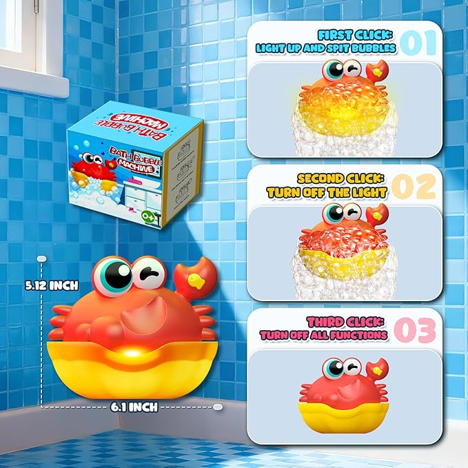 Light Up Bath Toys Crab Bubble Machine, Baby Bath Toys with Colorful Lights for Kids Ages 1-3, 4-8, Great Birthday for Toddlers Boys and Girls