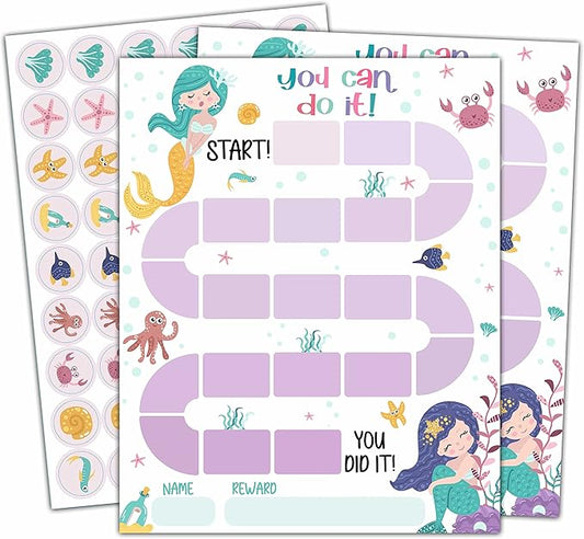 10 Mermaid Reward Chart with 216 Round Stickers, Incentive Behavior Chart for Kids at Home Classroom, Kids Routine Daily Chore Sticker Chart-A11