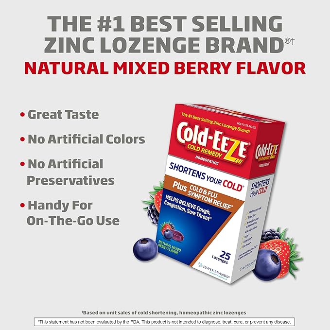 Cold-Eeze Plus Natural Mixed Berry Cold & Flu Zinc Lozenges, 25 Ct (Pack of 2)