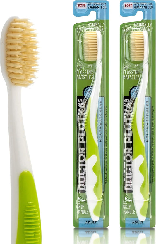 MOUTHWATCHERS Soft Flossing Manual Toothbrush for Adults, 2 Pack, Green, Ultra Clean, Good for Sensitive Teeth and Gums, by Dr. Plotka's