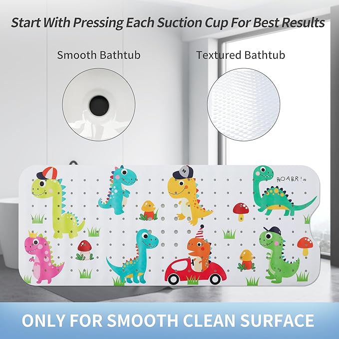 Bath Mat for Tub Non Slip Kids Bathtub Mat Extra Long 40X16 Inch Anti Slip Bathroom Toddler Shower Mat Baby Tub Mat with Suction Cups & Drain Holes (Dinos)