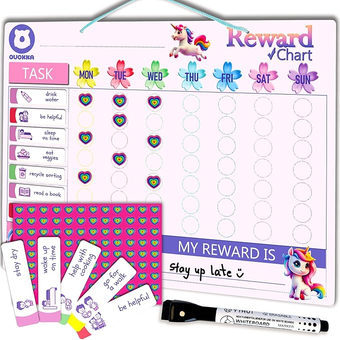 QUOKKA Magnetic Kids Chore Chart - Behavior Chore Chart for Kids at Home - Pink Reward Visual Schedule - Dry and Erase Routine Responsibility - Use 99 Magnets Markers Stickers - from Toddlers to Teens