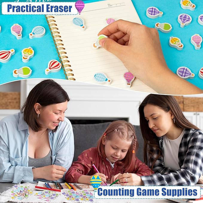 CJiangpo 60Pcs Hot Air Balloon Mini Erasers for Kids Bulk, Colorful Cartoon Cute Pencil Rubber Eraser Birthday Party Favors Fillers Kids Back to School Classroom Rewards Student Homework Prizes Gifts