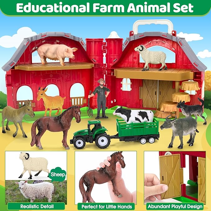 Farm Animals Toys for 1 2 3 4 5 Year old Toddlers Girls Boys, Big Red Barn Farm with Figures Animals and Tractor Toy for Kids, Farm Playset Educational Learning Toys, Ideal Christmas Birthday Gifts