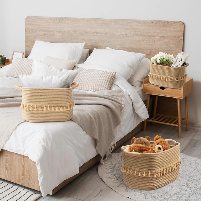 TeoKJ Storage Basket 3 Pack for Organizing, Rope Cotton Baskets for Toy, Clothes, Blankets, Decorative Basket for Living Room, Nursery, Bathroom, Jute