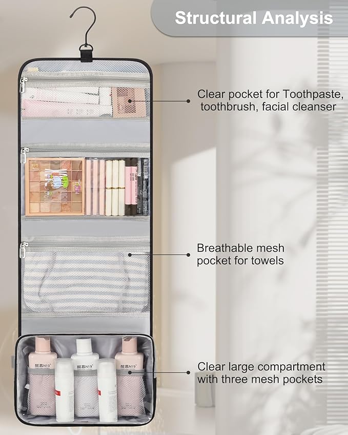 Relavel Travel Hanging Toiletry Bag for Men Women Travel Kit Shaving Bag Waterproof Large Makeup Bag Wash Bag Makeup Organizer Cosmetic Case for Bathroom Shower Black